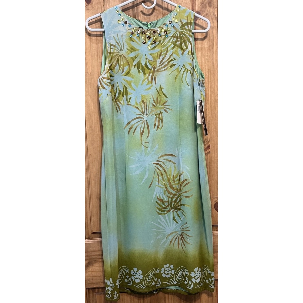 Vintage Y2K Donna Morgan 100% Silk Beaded Floral Palm Sheath Dress Green 10 NWT